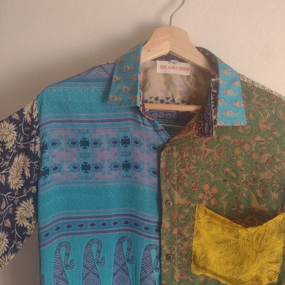 The Wavy Bunch Mens Patchwork Shirt L Festival Slim Fit Silky Upcycled Shirt - Picture 5 of 9